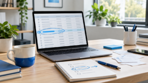 Spreadsheet of business ideas on a laptop with one priority circled in blue