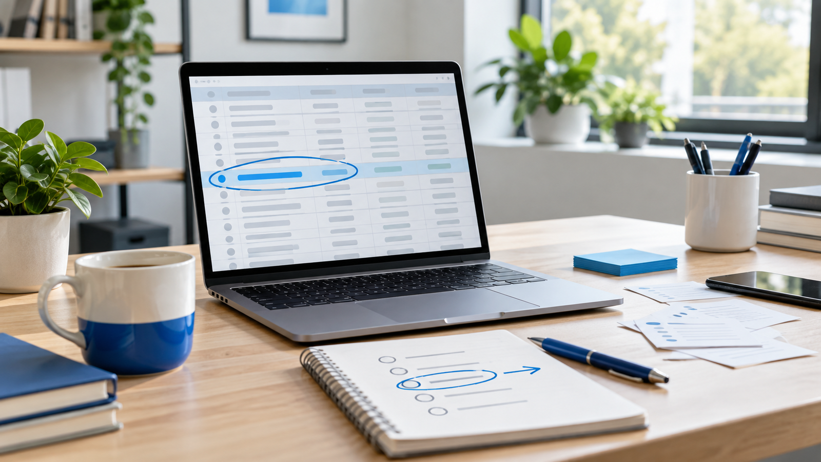 Spreadsheet of business ideas on a laptop with one priority circled in blue