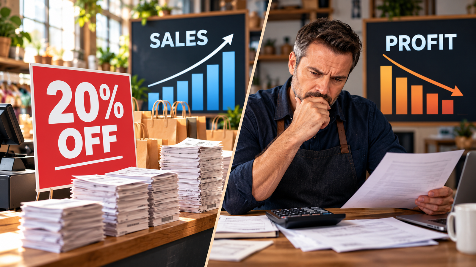 Split image illustrating a 20 percent discount: sales rise beside a busy checkout while a concerned small business owner examines declining profit on the other side.