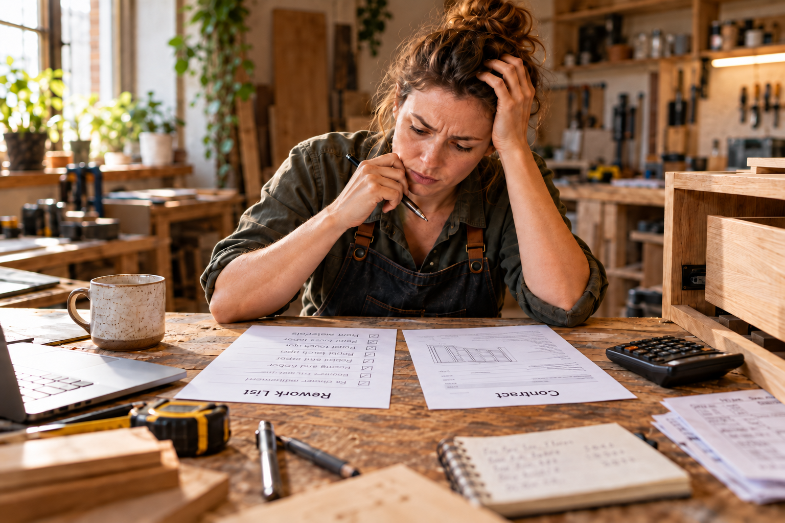 Concerned woodworking business owner reviewing a contract and rework checklist, both facing her, to identify the hidden costs of repeated work