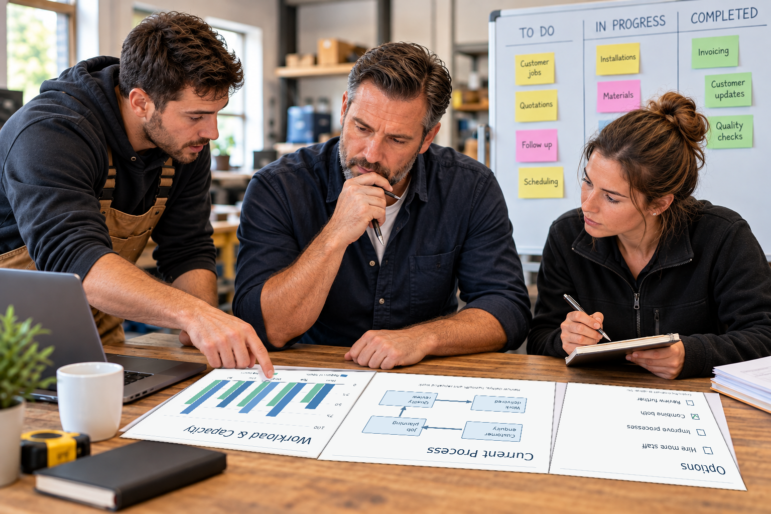 Business owner and two employees reviewing workload charts and staffing versus process improvement options during a capacity planning meeting