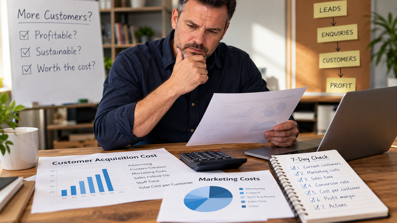 Business owner reviewing customer acquisition and marketing costs, with a calculator, laptop, financial charts and a seven-day diagnostic checklist.