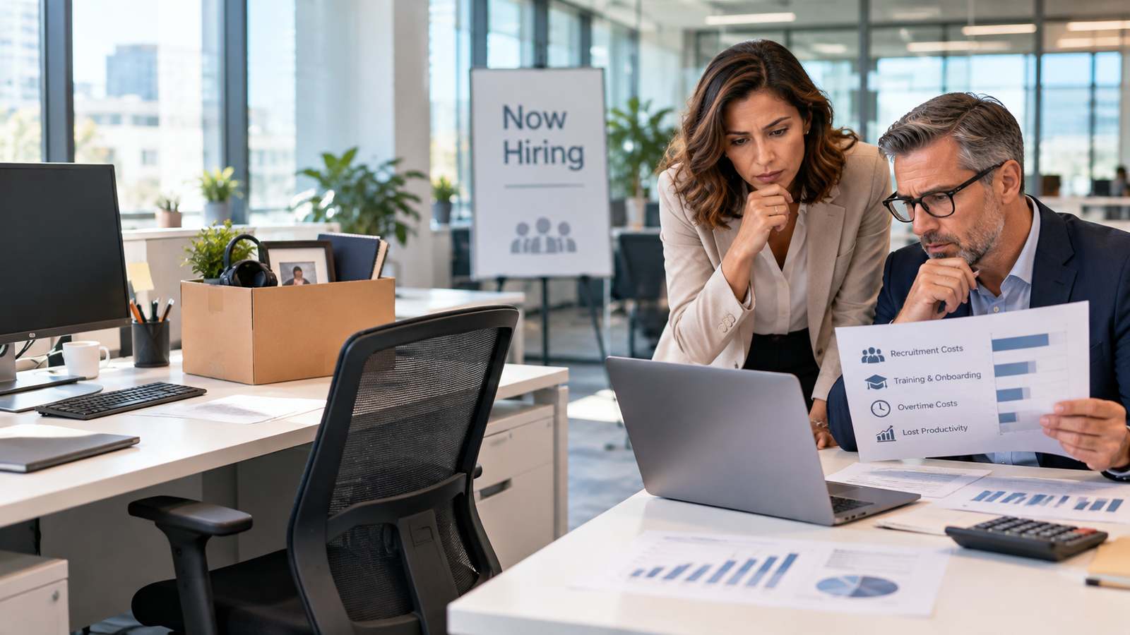 Vacant employee desk with packed belongings and hiring sign while managers review the recruitment, training and lost productivity costs of staff turnover.