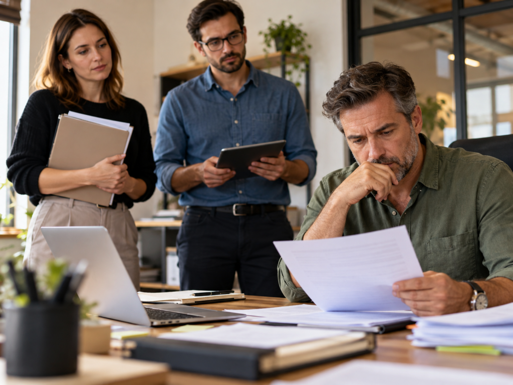 Two employees wait with a folder and tablet while a business owner reviews paperwork, showing how routine approval decisions can delay work and customers.