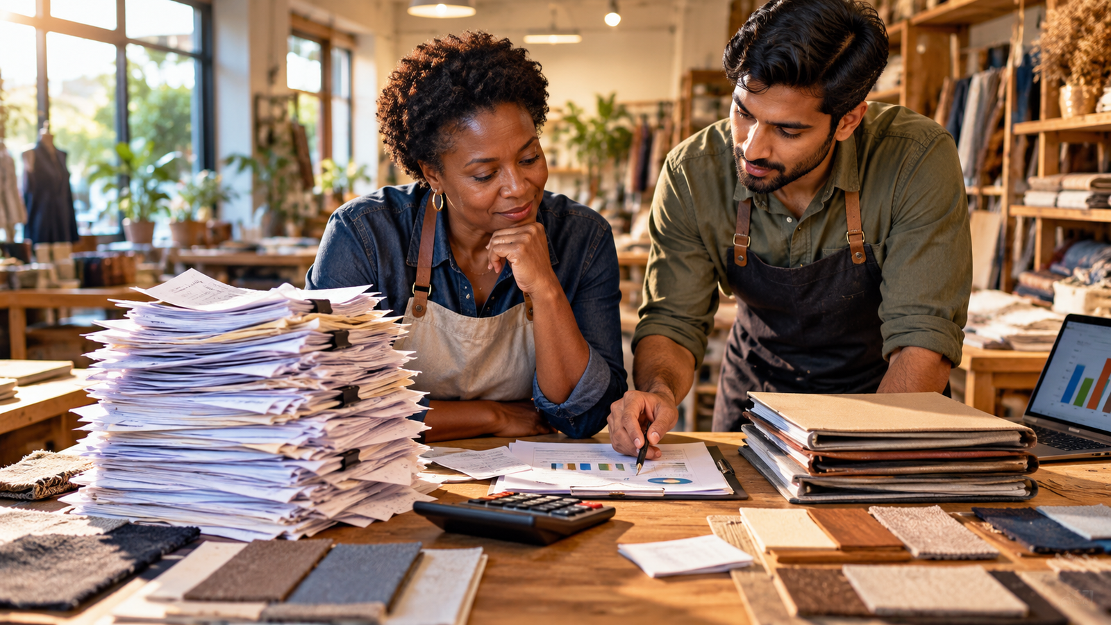 Small business owner and colleague comparing paperwork and financial charts in a creative studio, illustrating service profitability and measuring the contribution of different jobs.