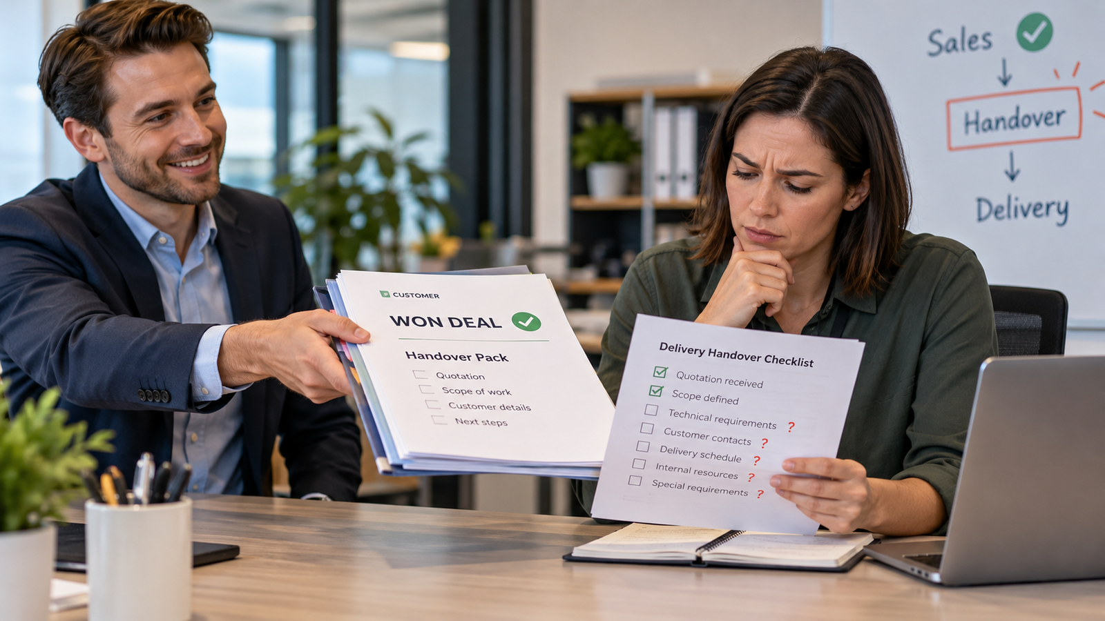 Sales manager hands over a completed deal while delivery manager reviews an incomplete checklist with missing technical requirements, customer details and deadlines, illustrating a sales-to-delivery bottleneck.