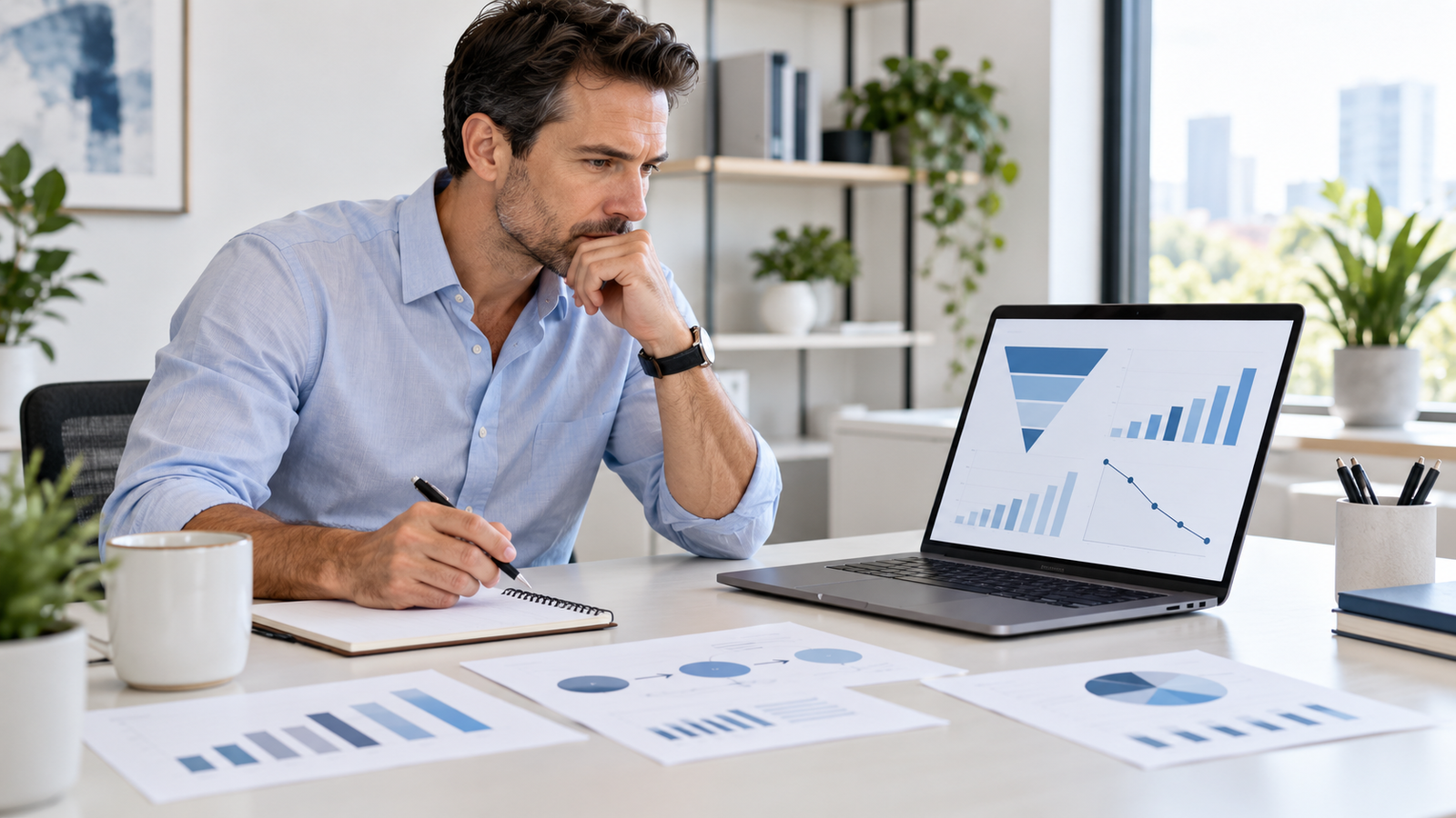 Business owner reviewing performance data to identify the real cause of slow business growth