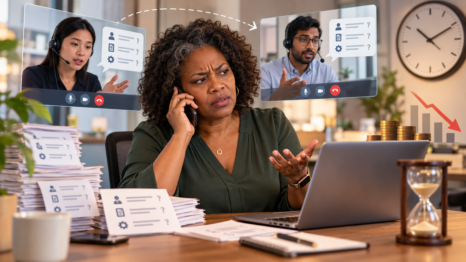Frustrated customer on the phone having to repeat her issue to different service representatives, with paperwork and wasted time and money piling up.