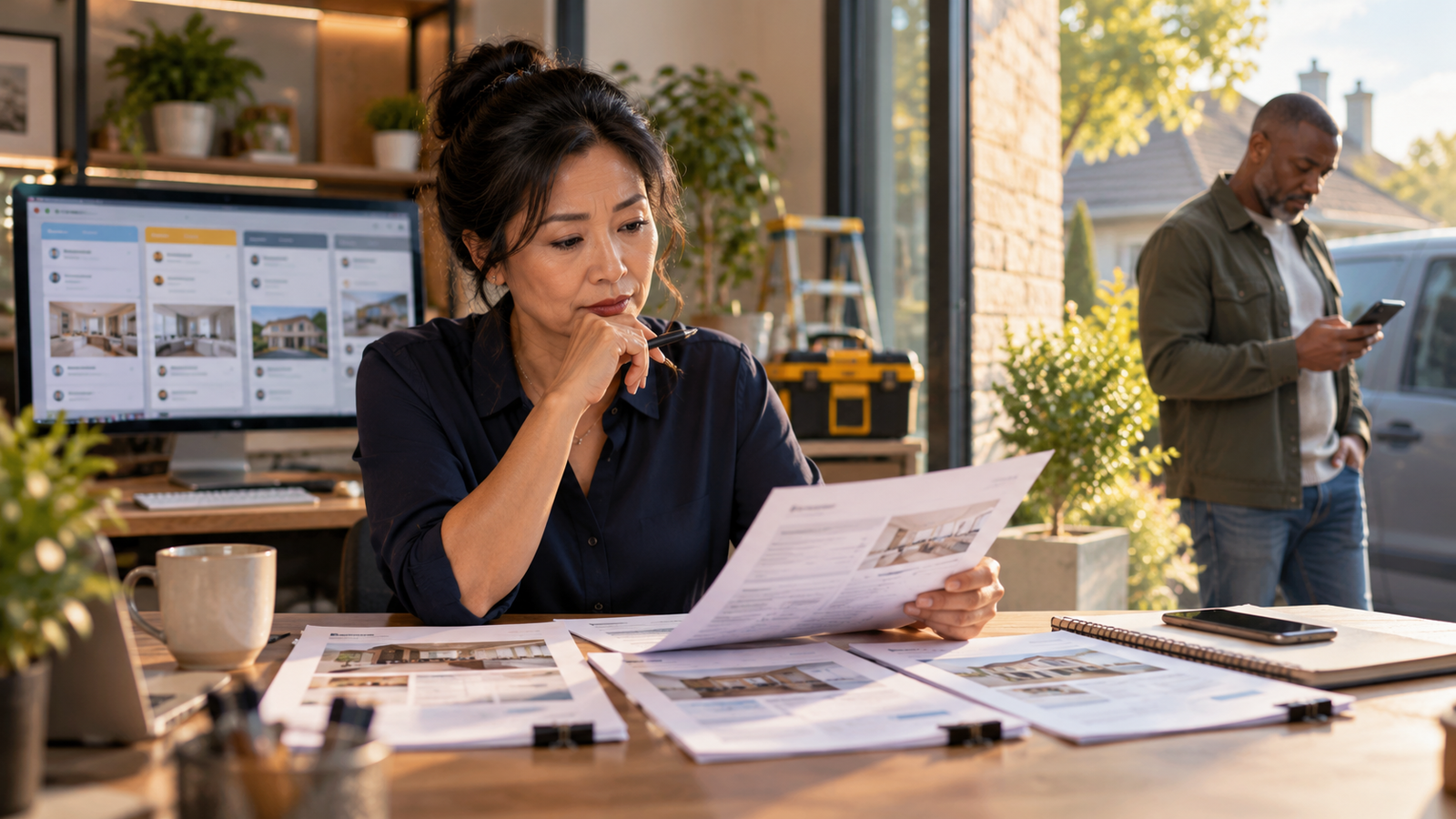Small business owner reviews customer quotations at her desk while a potential client outside checks his phone, illustrating quotes that have not converted to sales.