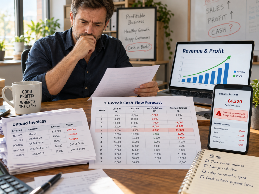 Worried business owner compares rising revenue and profit with a negative cash balance, unpaid invoices and a 13-week cash-flow forecast.